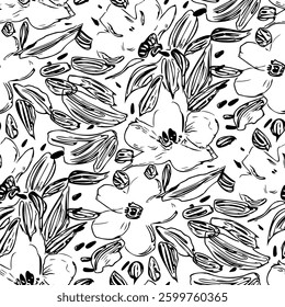 Black and white seamless pattern with flowers.  Vector illustration