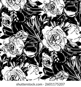Black and white seamless pattern with flowers.  Vector illustration