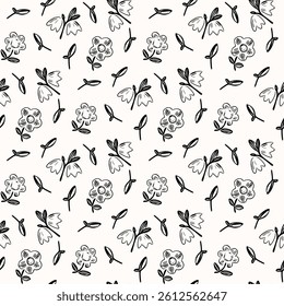 Black and white seamless pattern with flowers.  Vector illustration