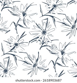 Padrão sem emenda preto e branco com flores.  Ilustração vetorial