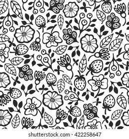 Black and white seamless pattern with flowers. Vector background for creative coloring.