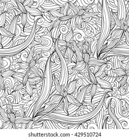 Black and white seamless pattern of flowers and long leaves. Coloring page.