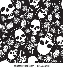 Black and white seamless pattern with flowers and skulls. Black background. Monochrome. Stock vector illustration.