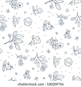  Black and white seamless pattern with flowers  in doodle style. Vector illustration. 