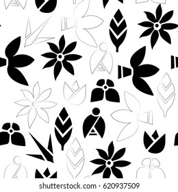Black and white seamless pattern with flowers and leaf on white background. Can be used for wallpaper, cloth design, paper, textile, banner, wrapping paper. Repeated backdrop in minimal style. 