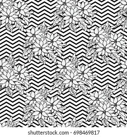 Black and white seamless pattern with flowers on zigzag