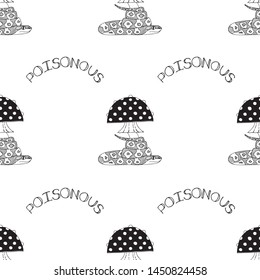 Black and white seamless pattern with 
fly agaric, snakes and poisonous lettering. White background. Hand drawn style illustration. Vector.