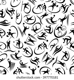 Black and white seamless pattern of football or soccer, basketball, running, golf, cycling, volleyball, wrestling, javelin throw, weightlifting, swimming and water polo sportsmen abstract silhouettes