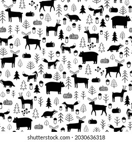 Black and white seamless pattern with forest animals