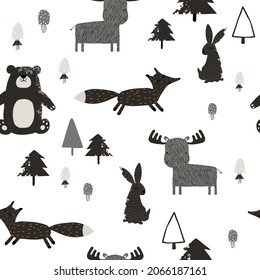 Black and white seamless pattern with forest animals. Vector hand drawn illustration.