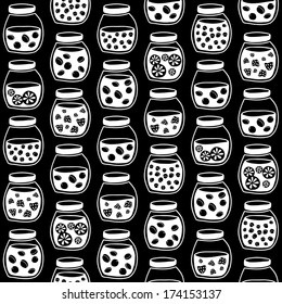 Black and White seamless pattern with the fruit jam jars. Shadeless plane ornate. Simple background with jam jars for decoration.