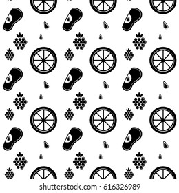 Black and white seamless pattern of fruits. 