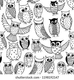 Black and white seamless pattern with funny owls