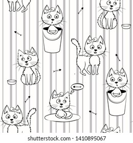 Black and white Seamless pattern with funny cats.Vector background