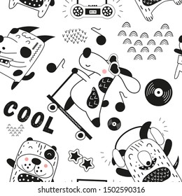 Black and white seamless pattern with funny dogs and music theme in Scandinavian style. Vector Illustration. Kids illustration for nursery art. Great for baby clothes, greeting card, wrapping paper.