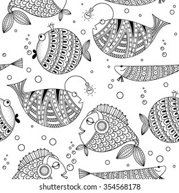 black and white seamless pattern with funny fish. abstract vector doodle art print.  Wallpaper, cloth design, fabric, paper, wrapping, postcards, textile, coloring book.  hand drawn