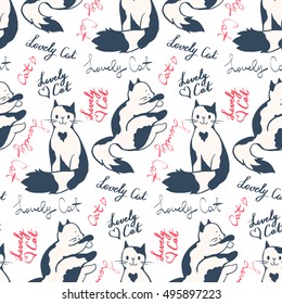 Black and white seamless pattern - funny cartoon cats. Vector illustration.