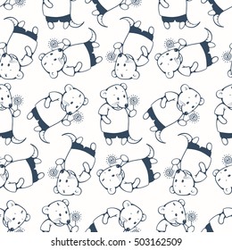 Black and white seamless pattern - funny cartoon mice. Hand-drawn illustration. Vector.