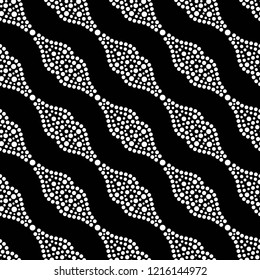 Black and white seamless pattern of garlands. Dotted monochrome leaf trellis. Mosaic chains of white dots. Print of beads. Vector Illustration.