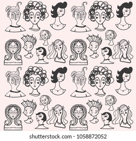 black and white seamless pattern with girls faces