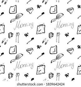 black and white seamless pattern. good morning. alarm clock, clock, toothbrush, pillow, blanket, breakfast, coffee, bun, porridge, muesli. for printing on fabric, wrapping paper, postcards. doodle