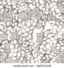 Black and white seamless pattern with grapes and leaves in vintage style