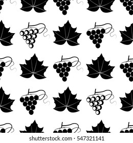 Black and white seamless pattern of grapes both berry and leaf. Stock vector illustration for background, textile, paper packaging, wrapping paper, fabric, banner, invitation, card, certificate, menu.