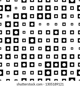 Black and white seamless pattern with grunge halftone squares, dots. Dotted texture. Halftone background. Abstract geometrical of round shape. Screen print. Vector illustration.