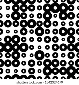 Black and white seamless pattern with grunge halftone rings. Dotted texture. Halftone dots background. Polka dot infinity. Abstract geometrical pattern of round shape.Screen print. Vector illustration