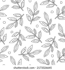 Black and white seamless pattern with grunge outline exotic jungle leaves, dots. Modern tropical background.