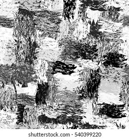 Black and white seamless pattern with grunge striped cartoon blotted elements