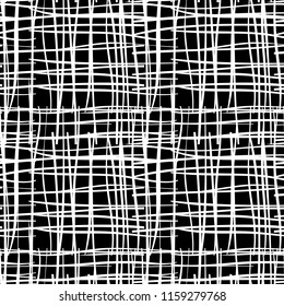 Black and white seamless pattern  with grungy grid. Monochrome abstract background with destroyed lines. Modern hipster design. Vector illustration.