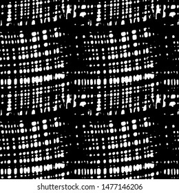 Black and white seamless pattern  with grungy stump grid. Monochrome abstract background with destroyed stroke lines. Modern hipster fabric  design. Vector illustration.