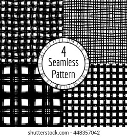 Black and white  seamless pattern with grungy grid. Set of 4 monochrome abstract  background. Modern, hipster, handmade design. Vector illustration. For textile fabric design, wrapping, wallpapers.