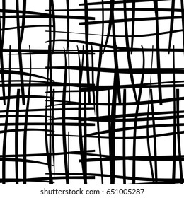 Black and white seamless pattern  with grungy grid. Monochrome abstract background with destroyed lines. Modern hipster design. Vector illustration.
