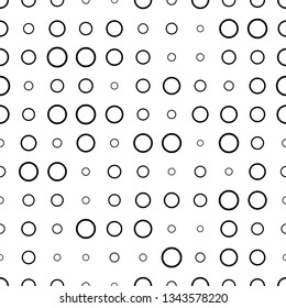 Black and white seamless pattern with halftone rings, dots. Dotted texture. Abstract geometrical pattern of round shape. Screen print. Vector illustration. 