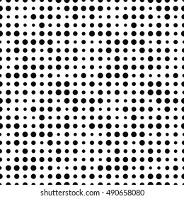 Black and white seamless pattern with halftone dots. Dotted texture. Halftone dots background. Polka dot infinity. Abstract geometrical pattern of round shape. Vector illustration.