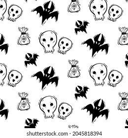 Black and white seamless pattern for halloween with bat, skull, witchcraft. Hand drawn doodle print. Vector wallpaper.