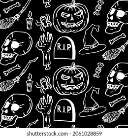 Black and white seamless pattern for halloween with pumpkin, candy, ghost, spider, bat, witch hat, cat, skull, bones. Hand drawn doodles print. Vector wallpaper.