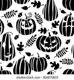 Black and white seamless pattern with Halloween pumpkins