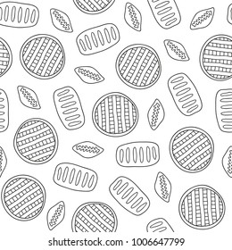 Black and white seamless pattern with hand drawn outline pies, buns.