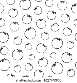 Black and white seamless pattern with hand drawn outline tomatoes.