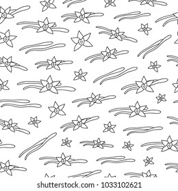 Black and white seamless pattern with hand drawn outline vanilla sticks, flowers.