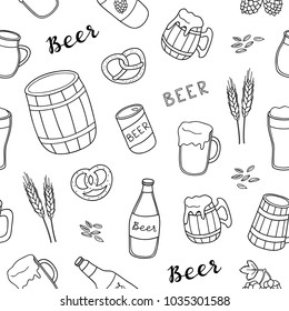 Black and white seamless pattern with hand drawn outline beer, brezel and lettering.