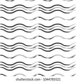 Black and white seamless pattern with hand drawn waves. Repeating texture with wavy brush strokes.