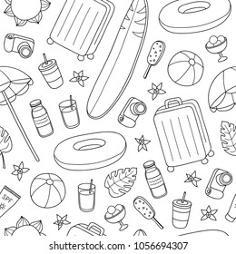 Black and white seamless pattern with hand drawn outline summer and vacation items.