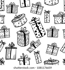 black and white seamless pattern. Hand drawing. Gift boxes.