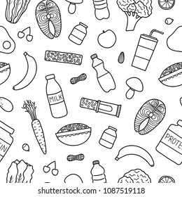 Black and white seamless pattern with hand drawn outline sport nutrition healthy items.
