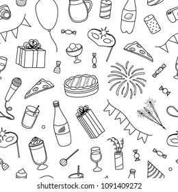 Black and white seamless pattern with hand drawn outline party items.