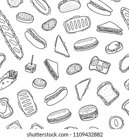 Black and white seamless pattern with hand drawn outline sandwiches and burgers.